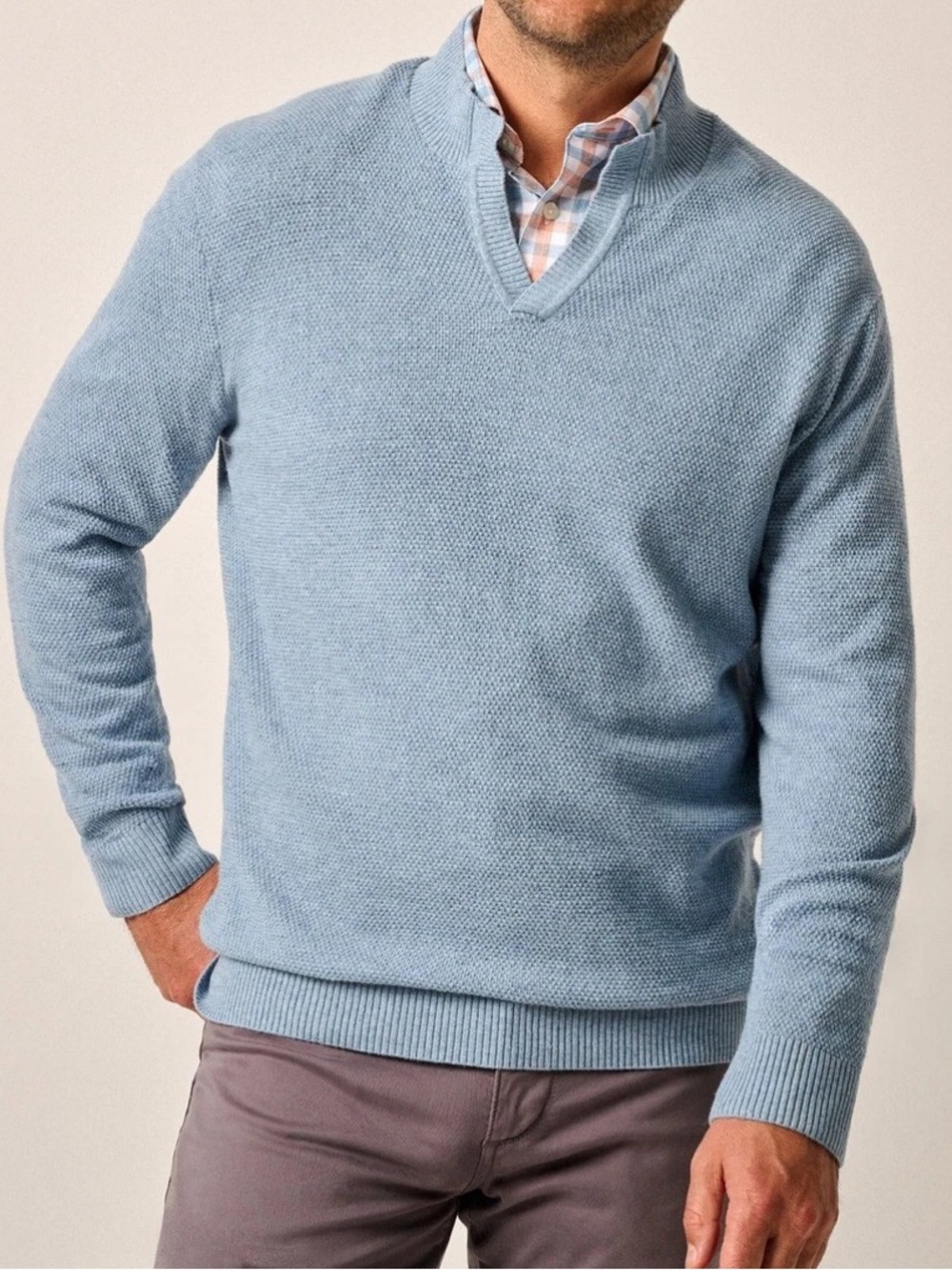 JOHNNIE-O  Men's Esteban Johnny Collar Sweater Size Large Heathered Blue Comfy